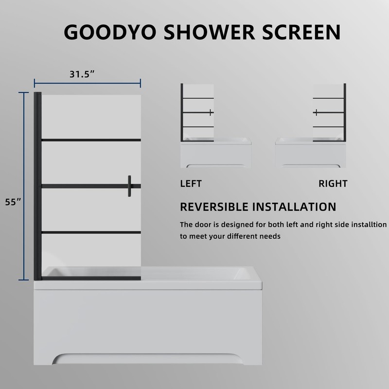Goodyo Bathtub Screen Panel Pivot Swing Shower Door 31.5"x55", Matte Black gallery