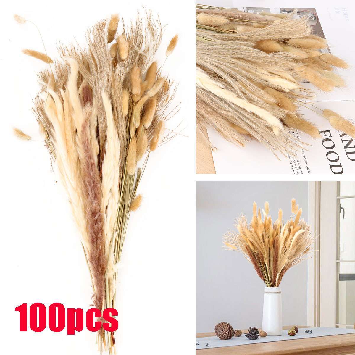 100 PCS Pampas Grass Natural Dried Reed Flower Bunch Home Wedding Decor Bouquets gallery