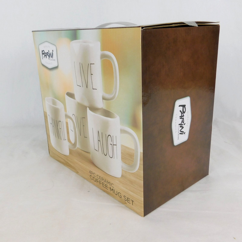 Parini 4 Pc Ceramic COFFEE MUG SET Live Laugh Love Thankful Rae Dunn Inspired gallery