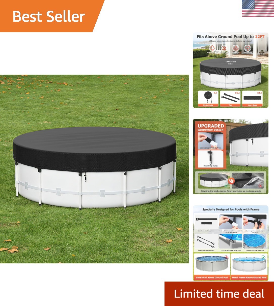 12 Ft Round Windproof Pool Cover - Durable Oxford Cloth for Above Ground Pools gallery
