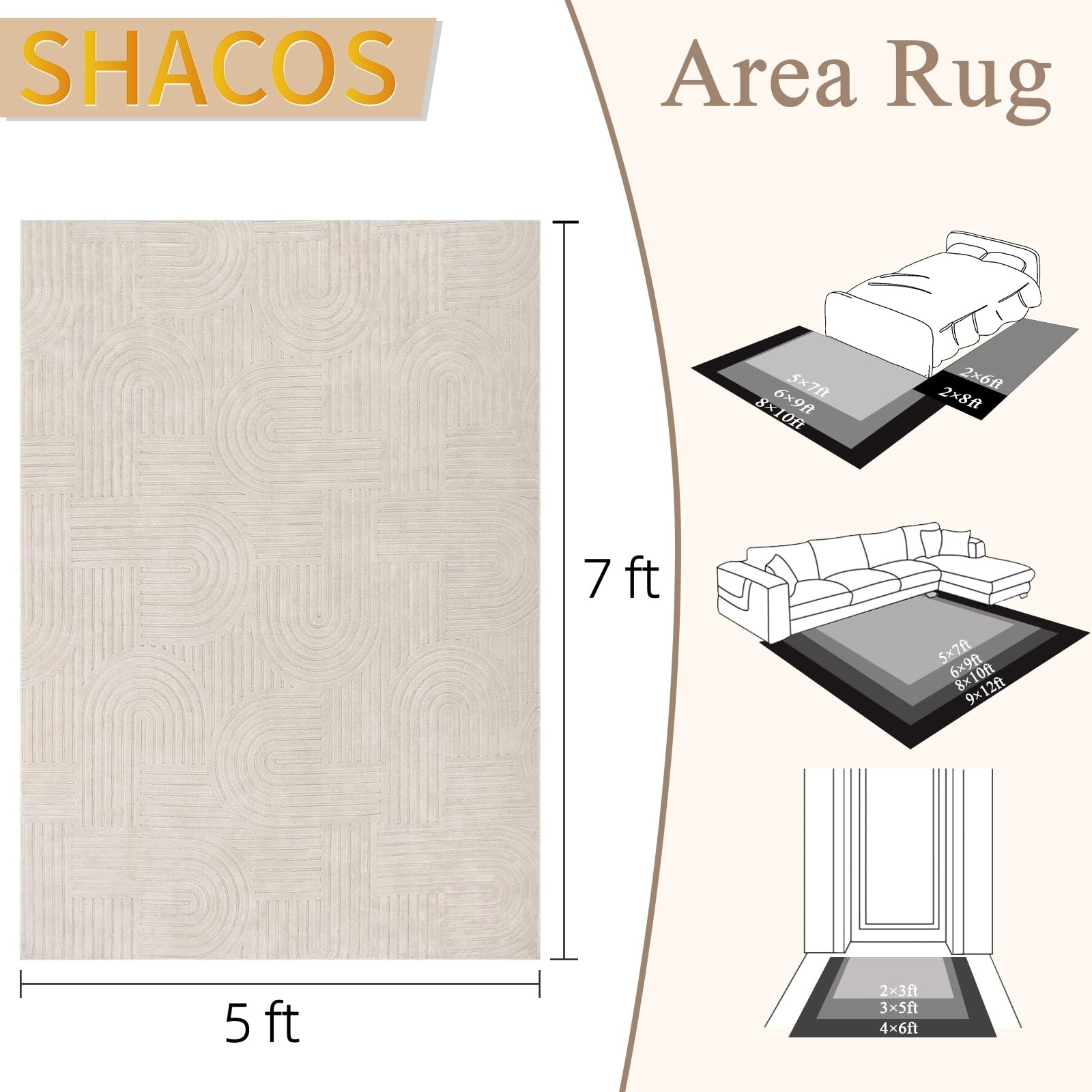 SHACOS 5x7 Area Rug Arch Pattern High Low Pile Washable Beige gallery
