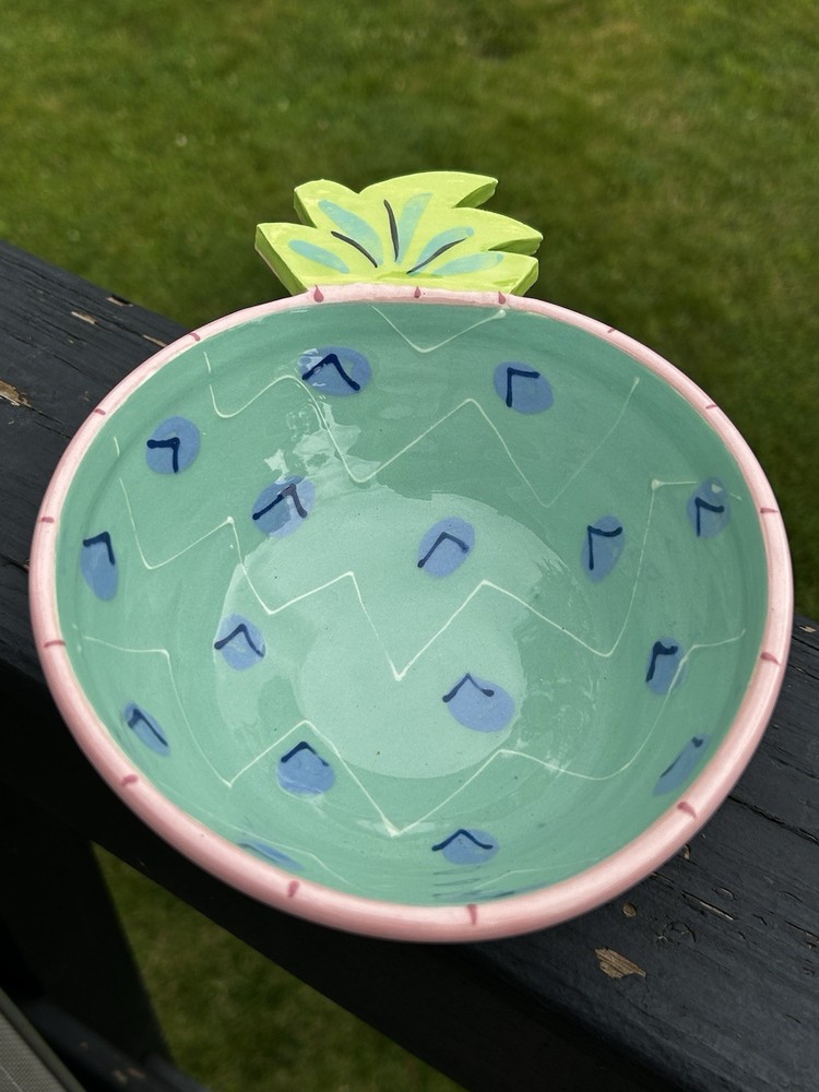 Susan Painter Pineapple Shaped Serving Dish Bowl Handpainted Vintage Green Pink