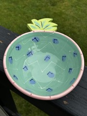 Susan Painter Pineapple Shaped Serving Dish Bowl Handpainted Vintage Green Pink