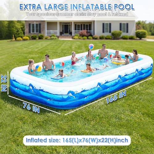 Extra Large Inflatable Pool for Adults, 165"x76"x22" Full-Sized Blow Up Blue gallery