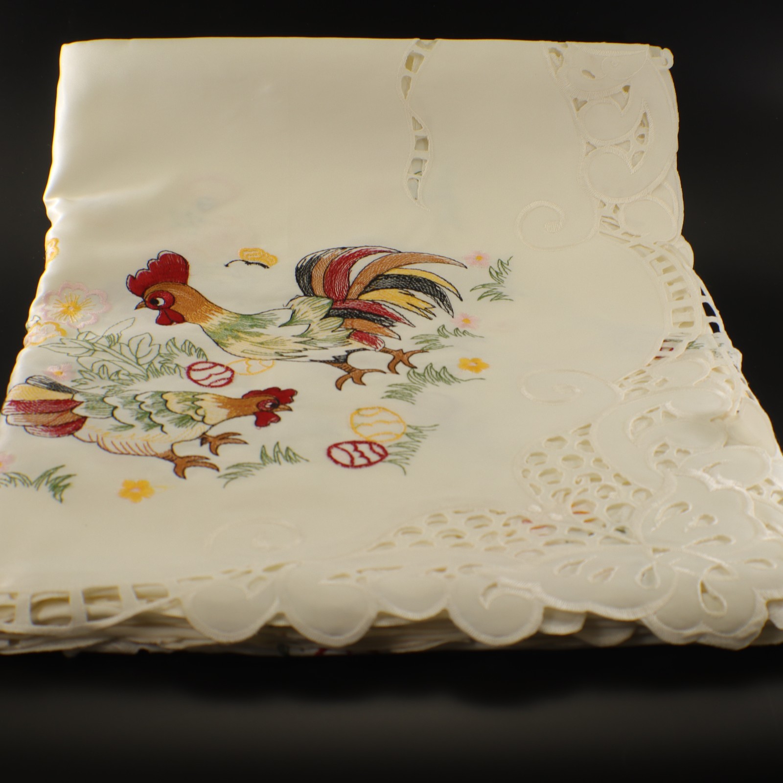 Table Cloth 88 x70 & Napkins Chicken Rooster Embroidery Cut Work Chicks Eggs gallery