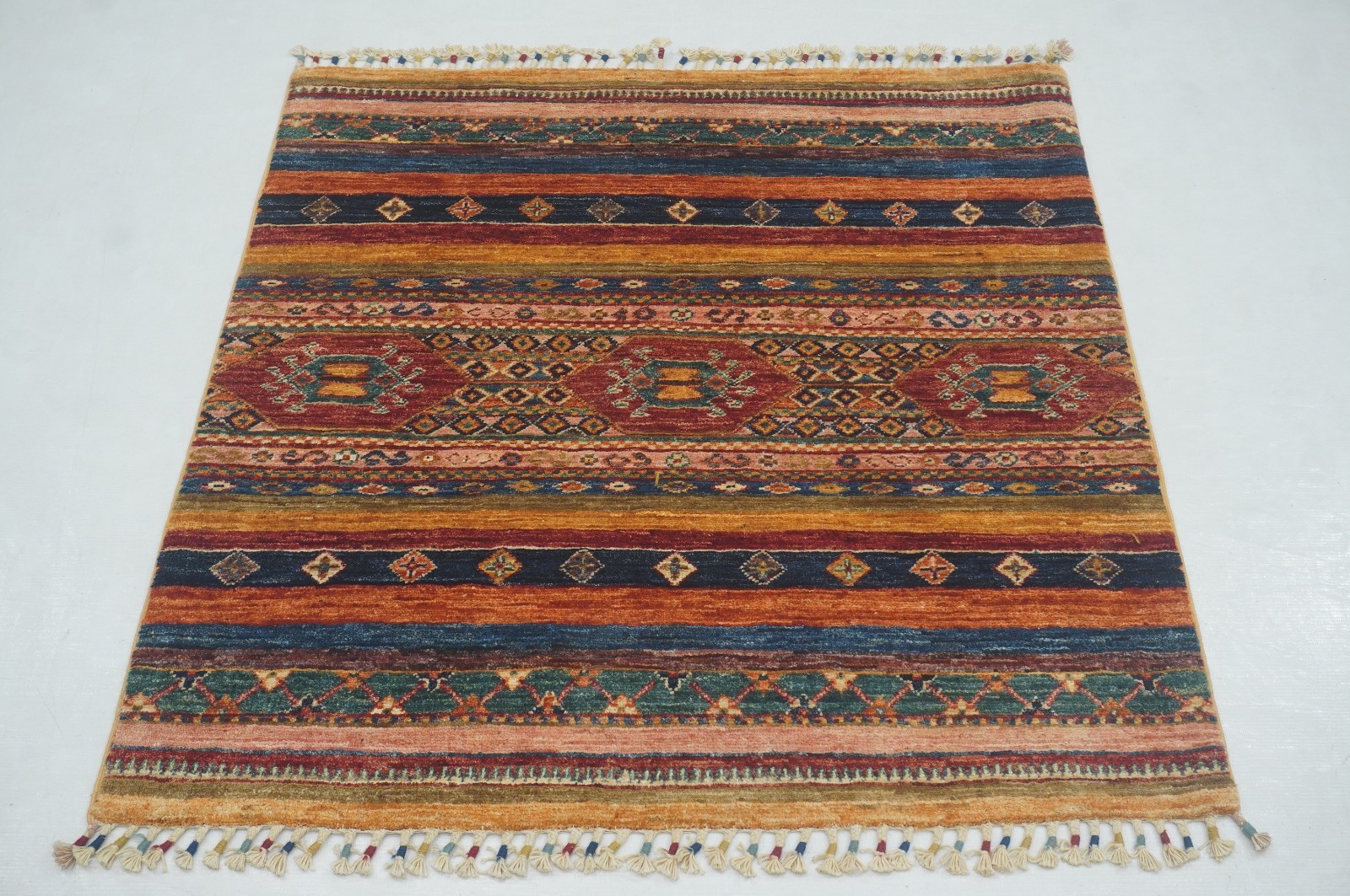 3x3 ft Multicolor Khorjin Afghan Hand Knotted Wool Tribal Small Square Rug gallery
