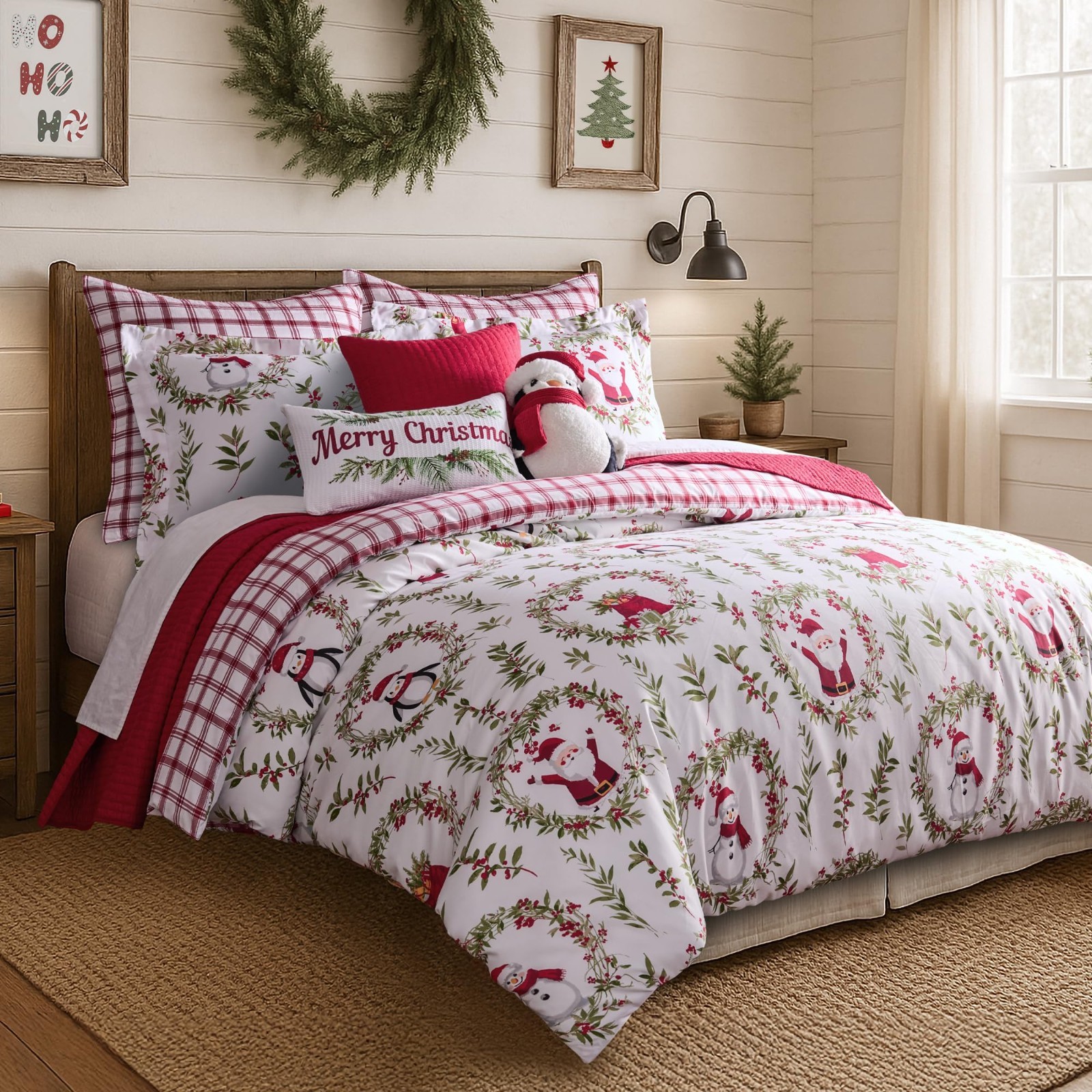 Cozy Pine & Plaid King Comforter Set - Reversible Holiday Wreaths + 2 Shams gallery