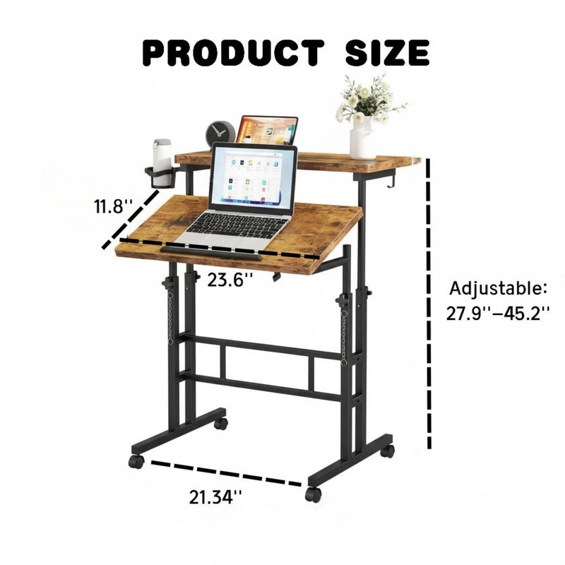 Dual Desktop Height Adjust Rolling Desk w/Cup Holder&Hook,Stand Computer Table gallery