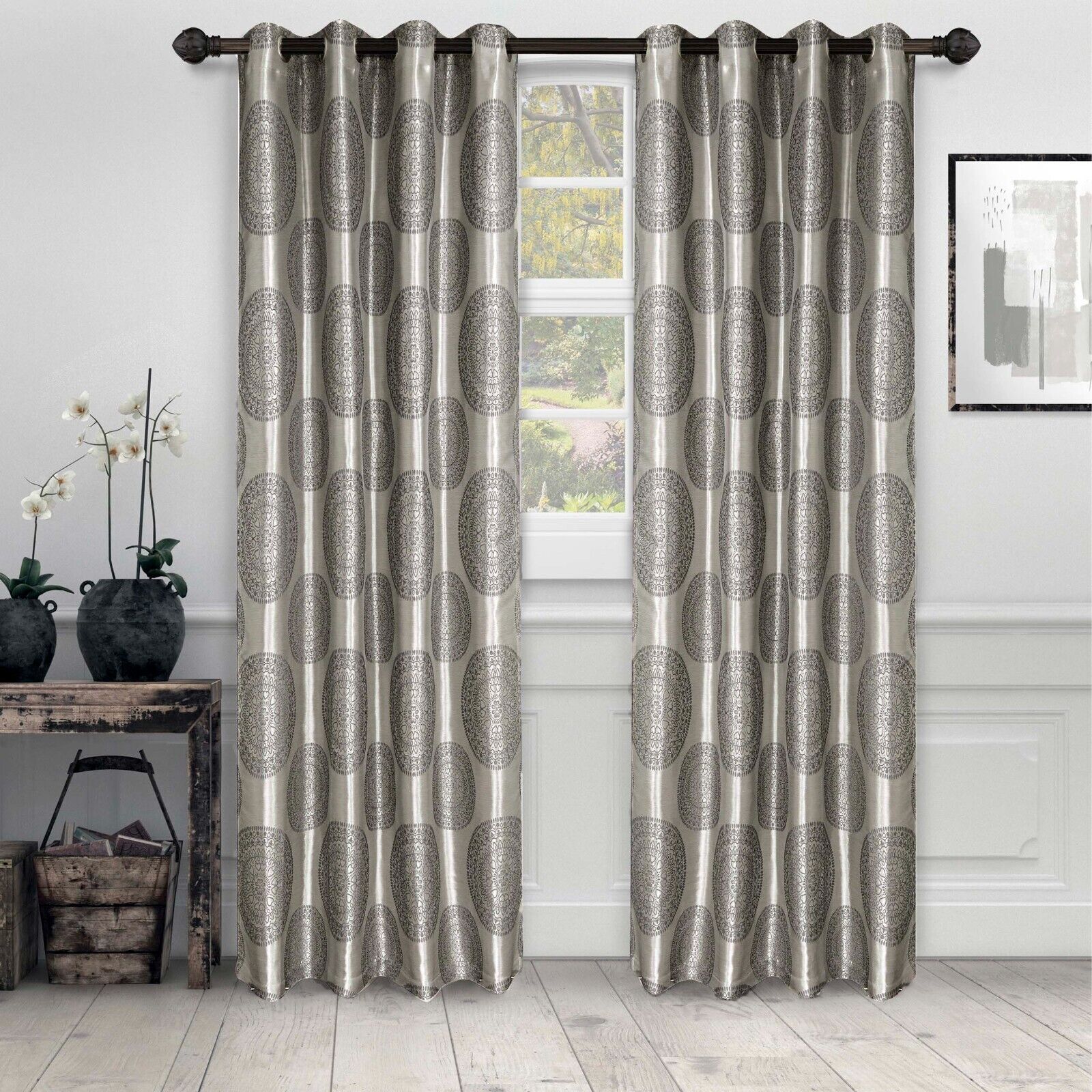 Jacquard Floral Medallion Grommet Header Bedroom Window Curtain Panel Drapes Set gallery
