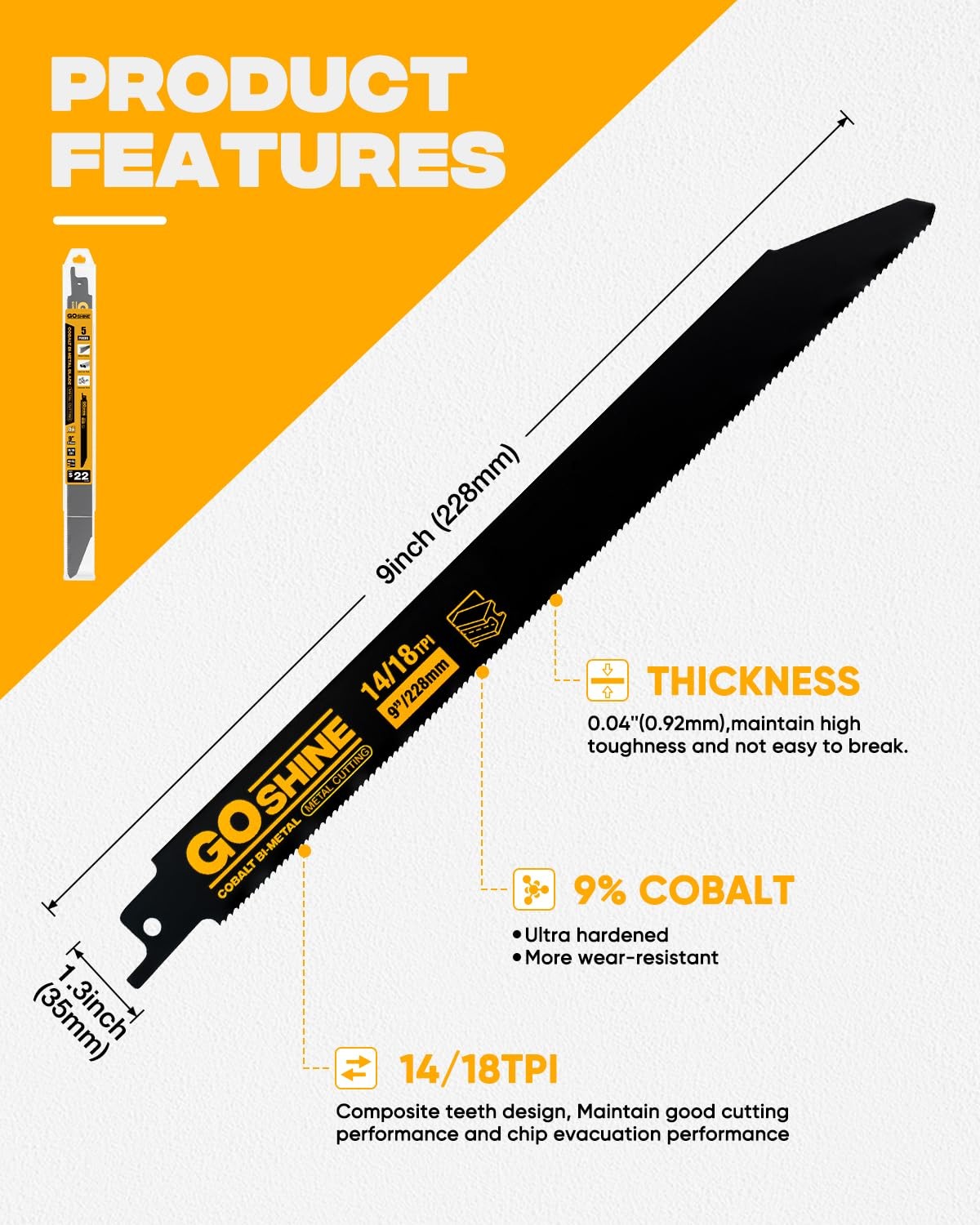 5 Pack 9in 14/18TPI Reciprocating Saw Blades, M42 Teeth w/Cobalt Bi-Metal Blades gallery