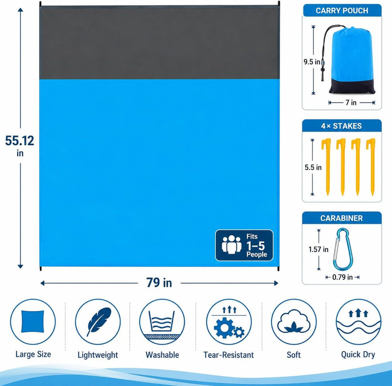 Beach Blanket Sandproof Waterproof, Beach Essentials Extra Large Beach Mat, 79" gallery