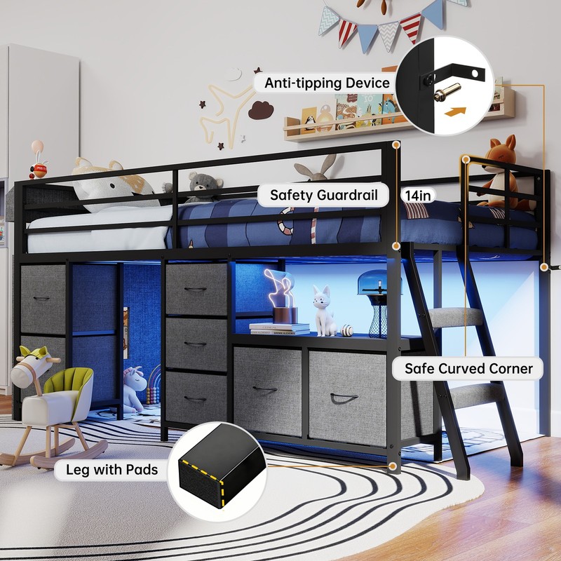 Twin Size Loft Bed Frame with 7 Storage Drawers, Bookcase Desk and LED Lights gallery