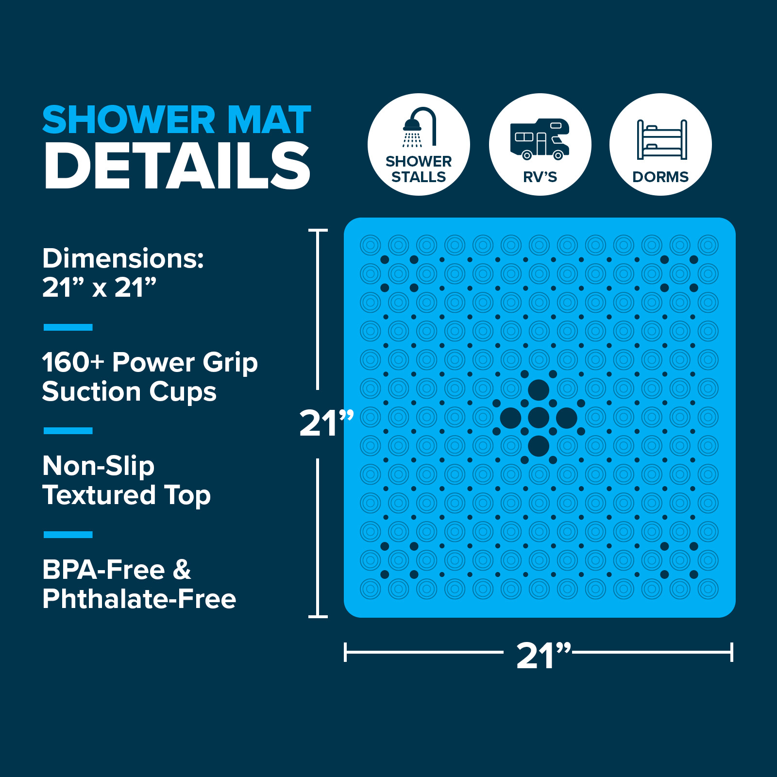 Large Non-Slip Shower Mat with Drain Holes: Black Square Shower Mat gallery