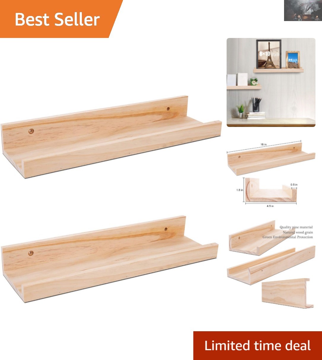 Rustic Natural Wood Floating Shelves, Set of 2 - 16” Wall Mounted Design gallery