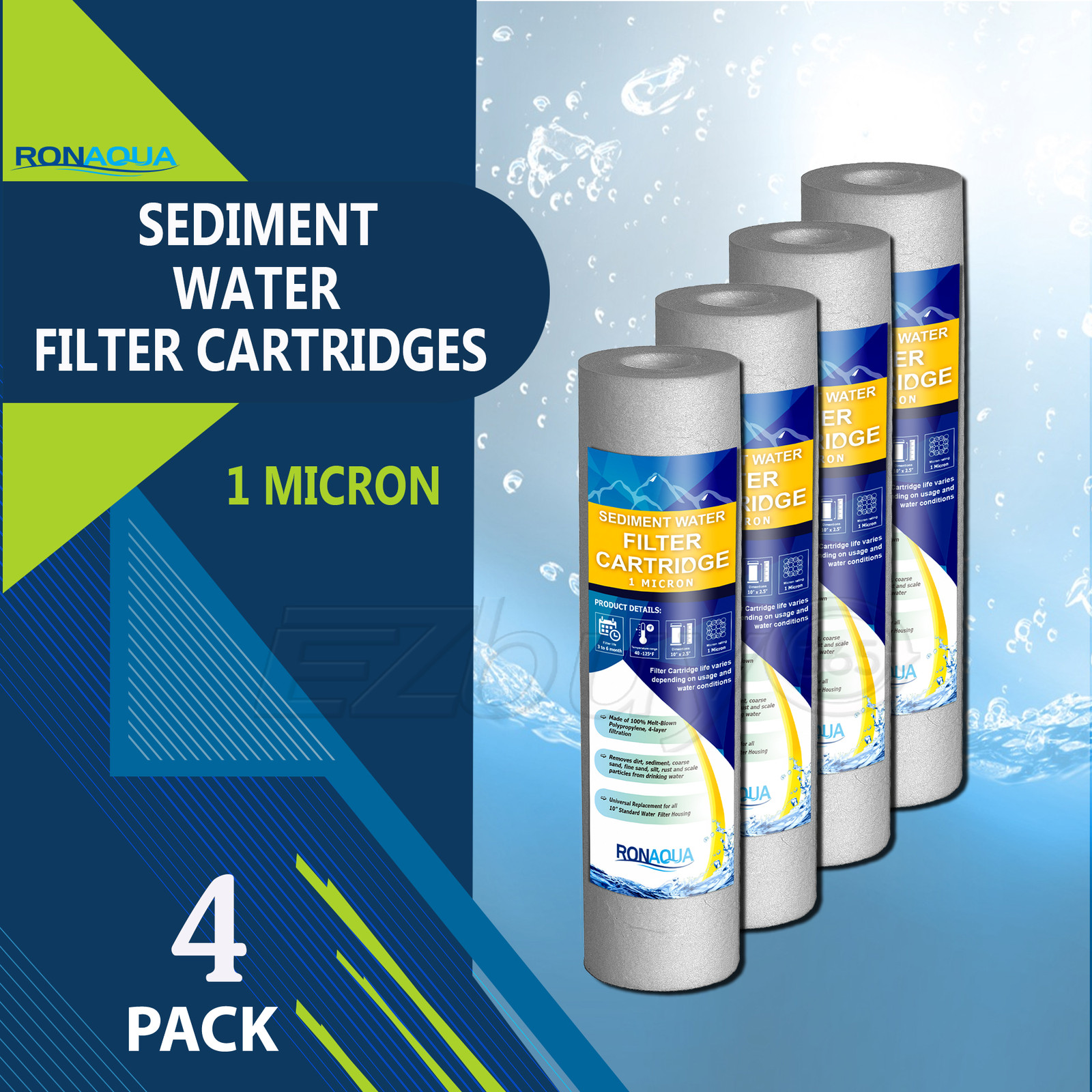 4 Pack Sediment 1 Micron Water Filters Cartridge 2.5" x 10" for Reverse Osmosis gallery
