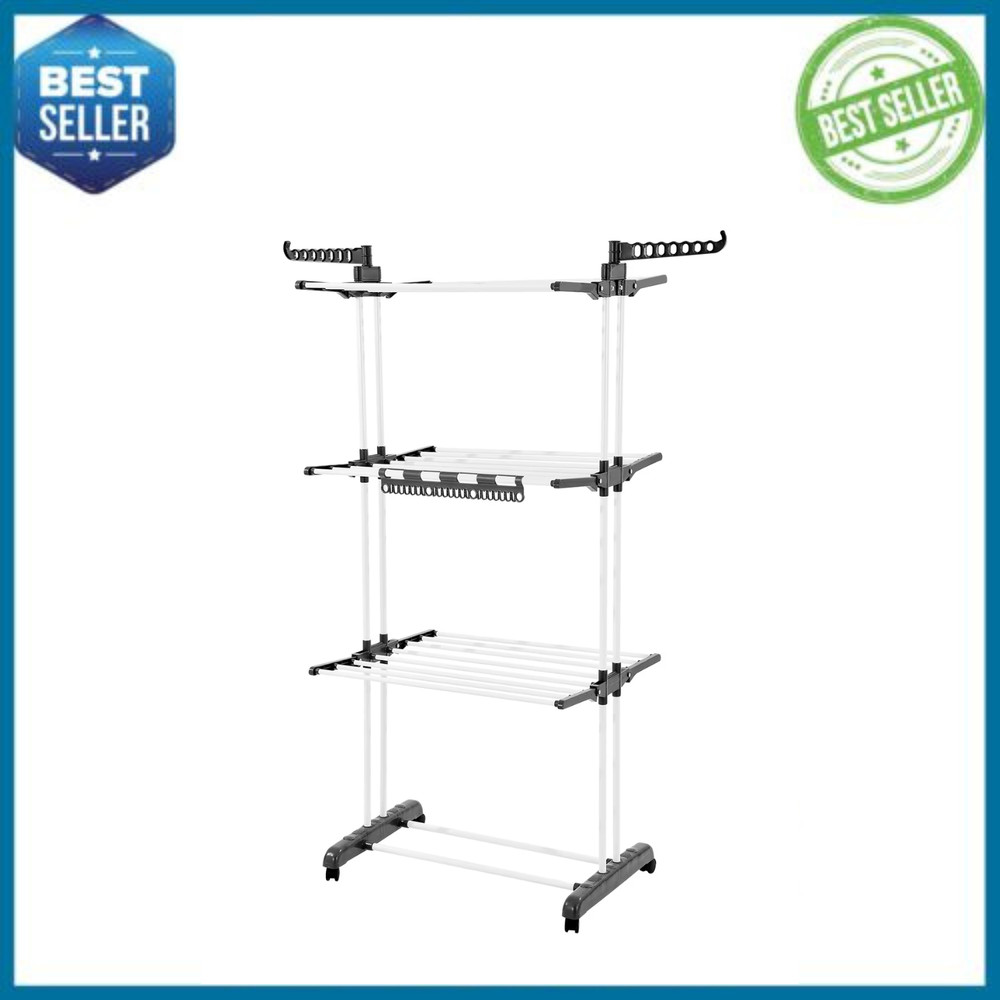 4 Tier Foldable Laundry Drying Rack 24 Rods Metal Clothes Dryer w/ Wheels