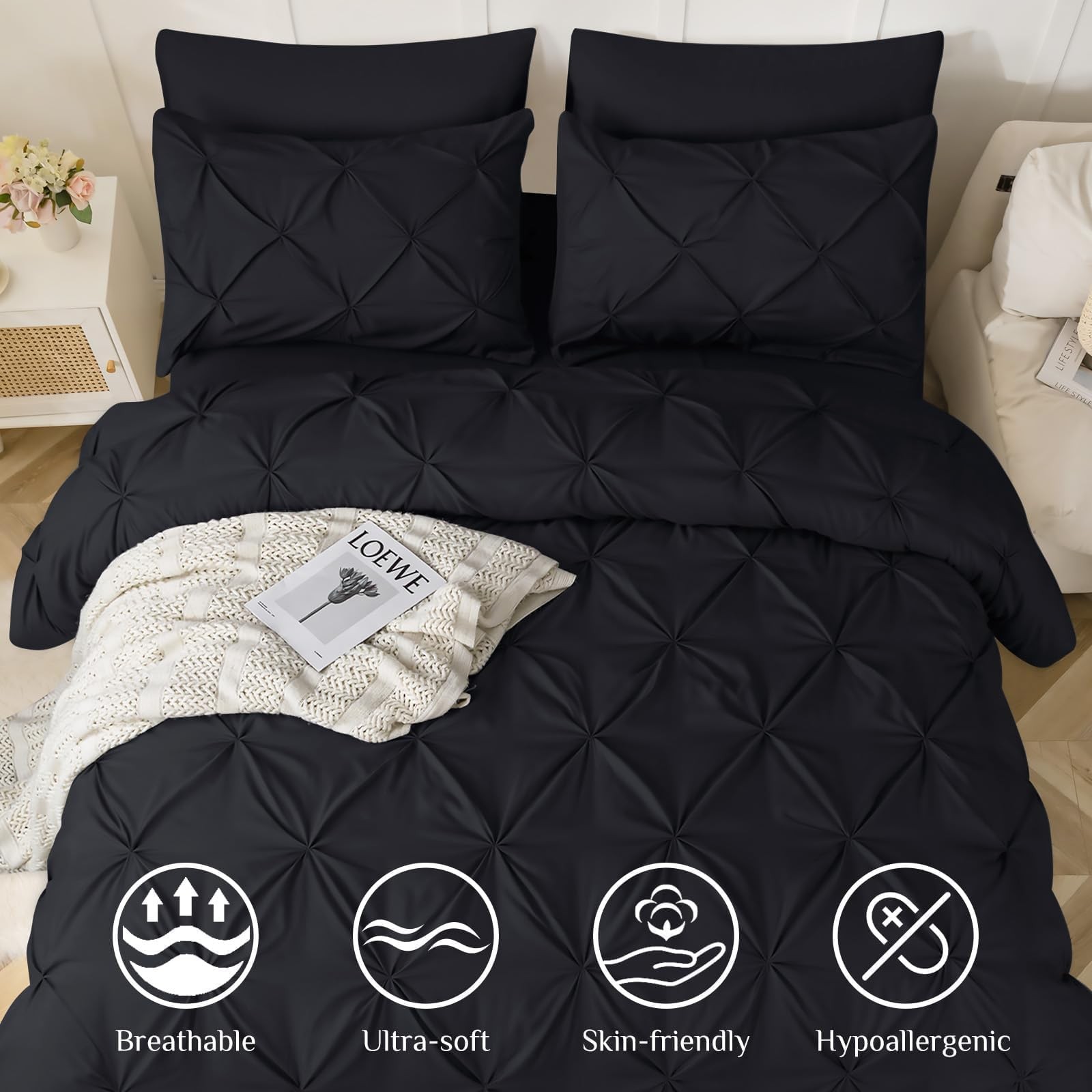 Queen Bedding Set 7pc, Comforter with Sheets, Shams, Black gallery