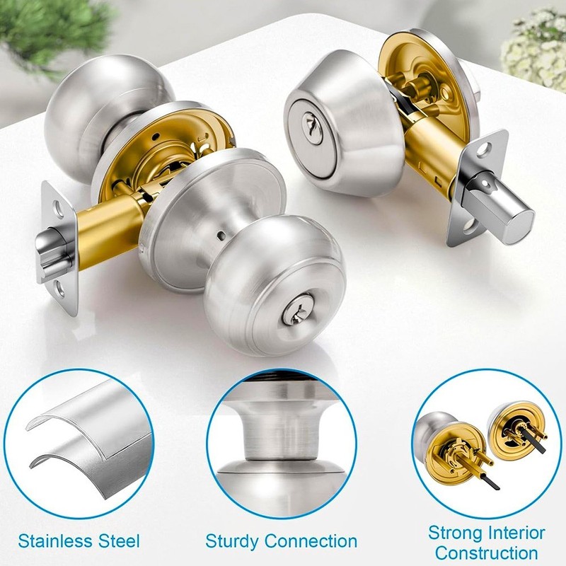 4 PACK KEYED ALIKE DOOR KNOBS LOCK DEADBOLT HEAVY DUTY EXTERIOR ROUND HANDLE SET gallery