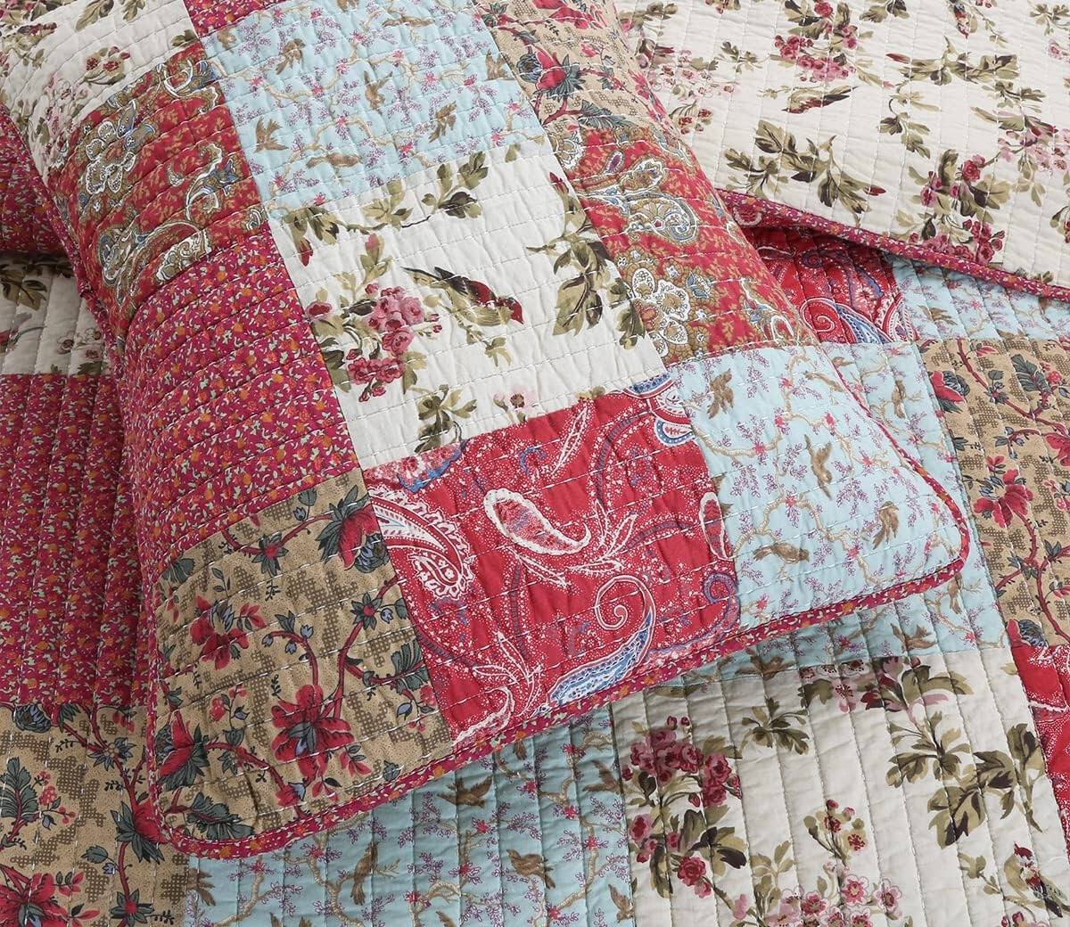 COUNTRY RED PATCH 3p King QUILT : COZY COTTON IVORY FLORAL BIRDS BLUE PAISLEY gallery