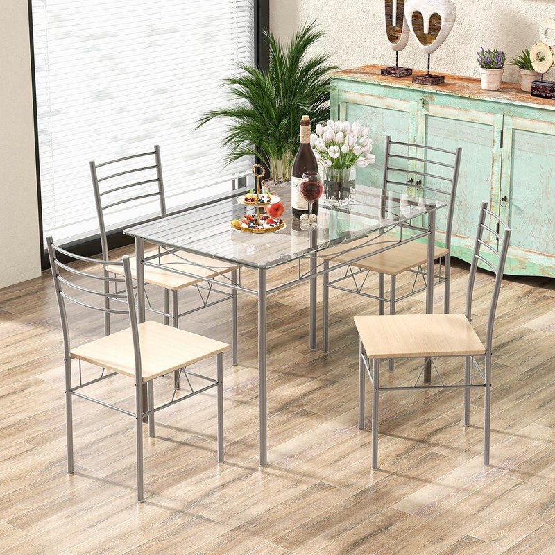 Giantex 5 Piece Dining Table Set, Kitchen Dining Set with Tempered Glass Table T gallery