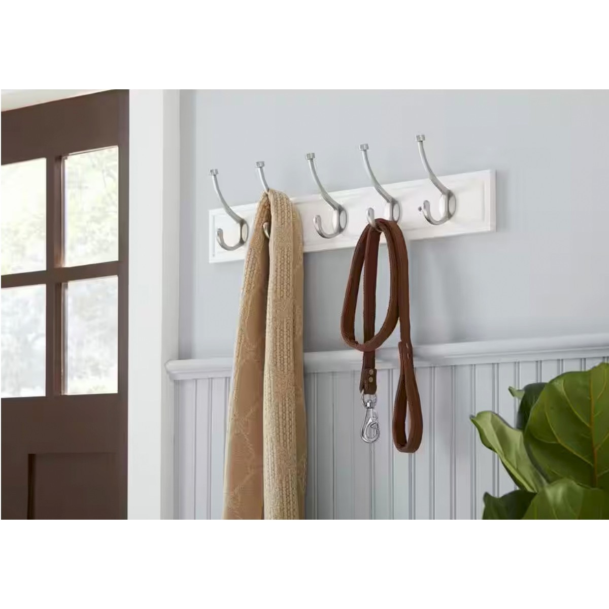 27-In White Wall Hook Rack with 5 Satin Nickel Hooks – Coat Hat Robe Organizer gallery