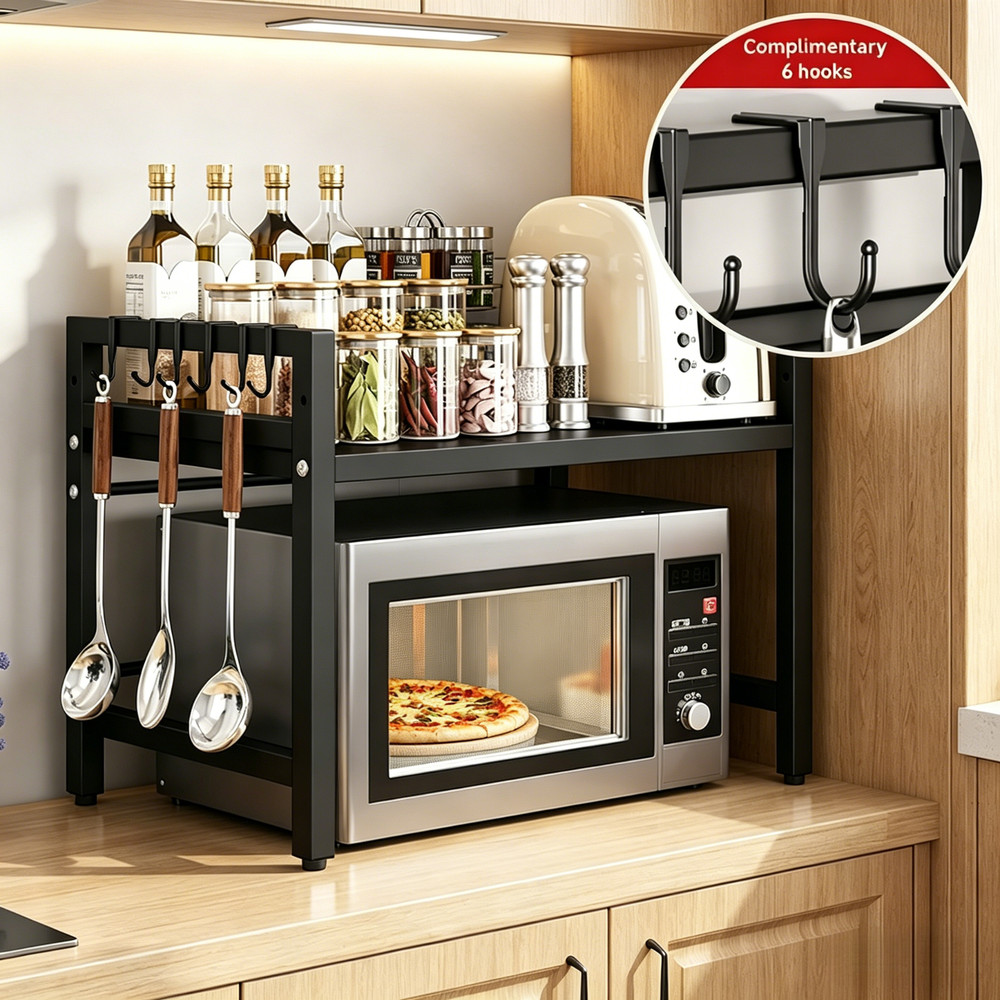 Expandable Microwave Stand with Hooks, Metal Kitchen Counter Shelf Organizer
