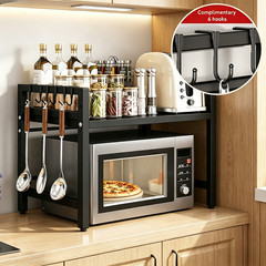 Expandable Microwave Stand with Hooks, Metal Kitchen Counter Shelf Organizer