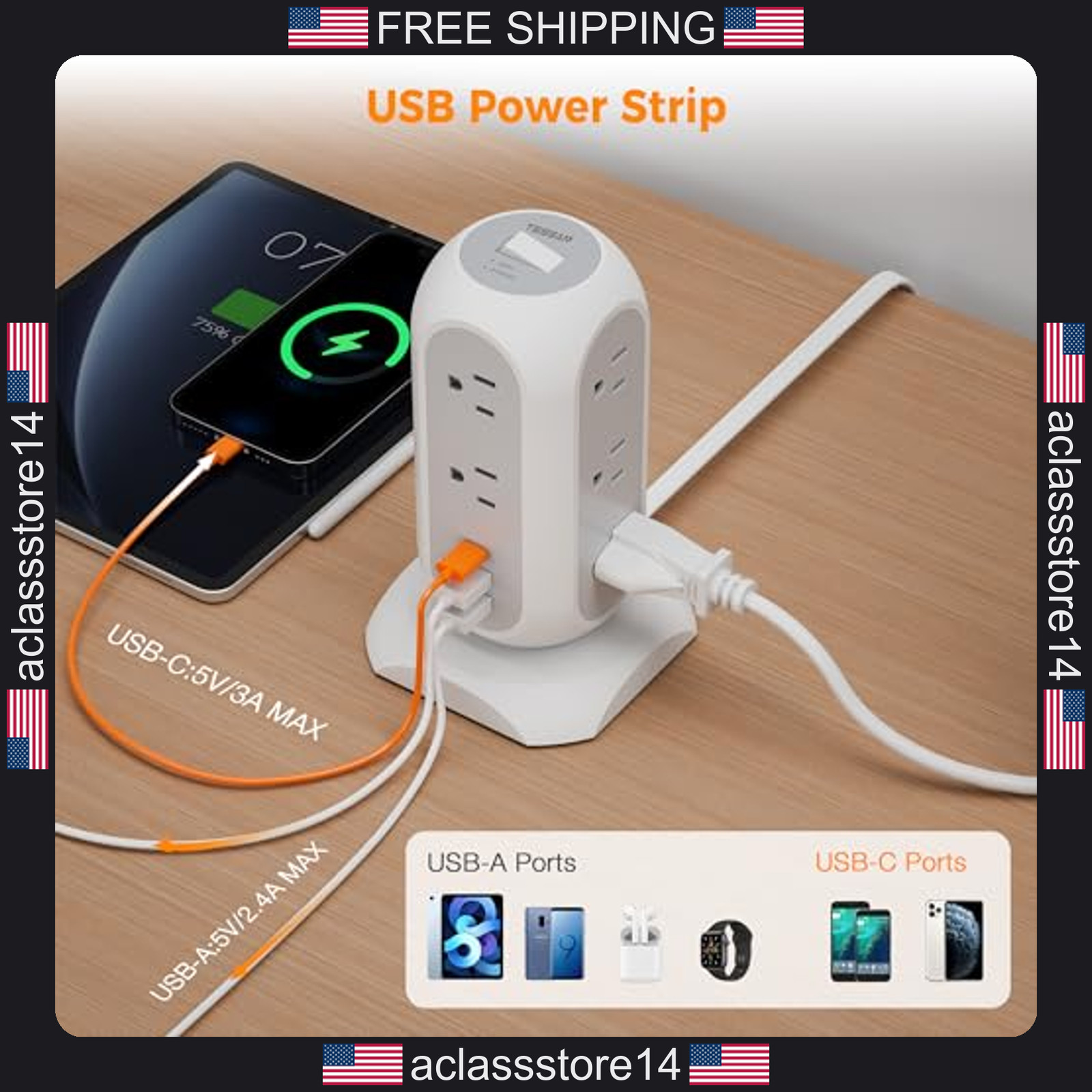 TESSAN Tower Power Strip Surge Protector 11 Outlets 3 USB 1 USB C 6ft Cord gallery
