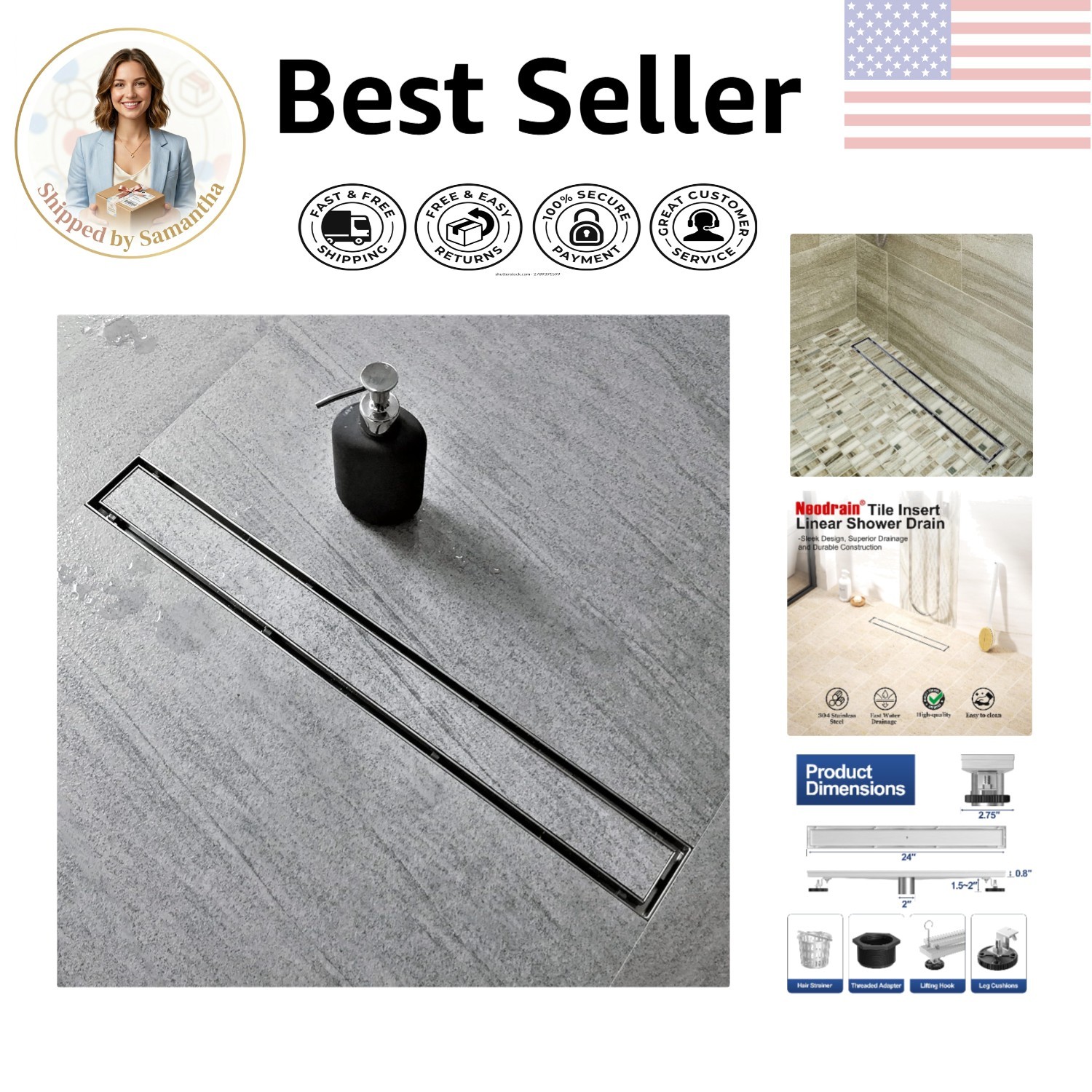 304 Stainless Steel 24-Inch Linear Shower Drain with Hair Strainer & Tile Insert gallery