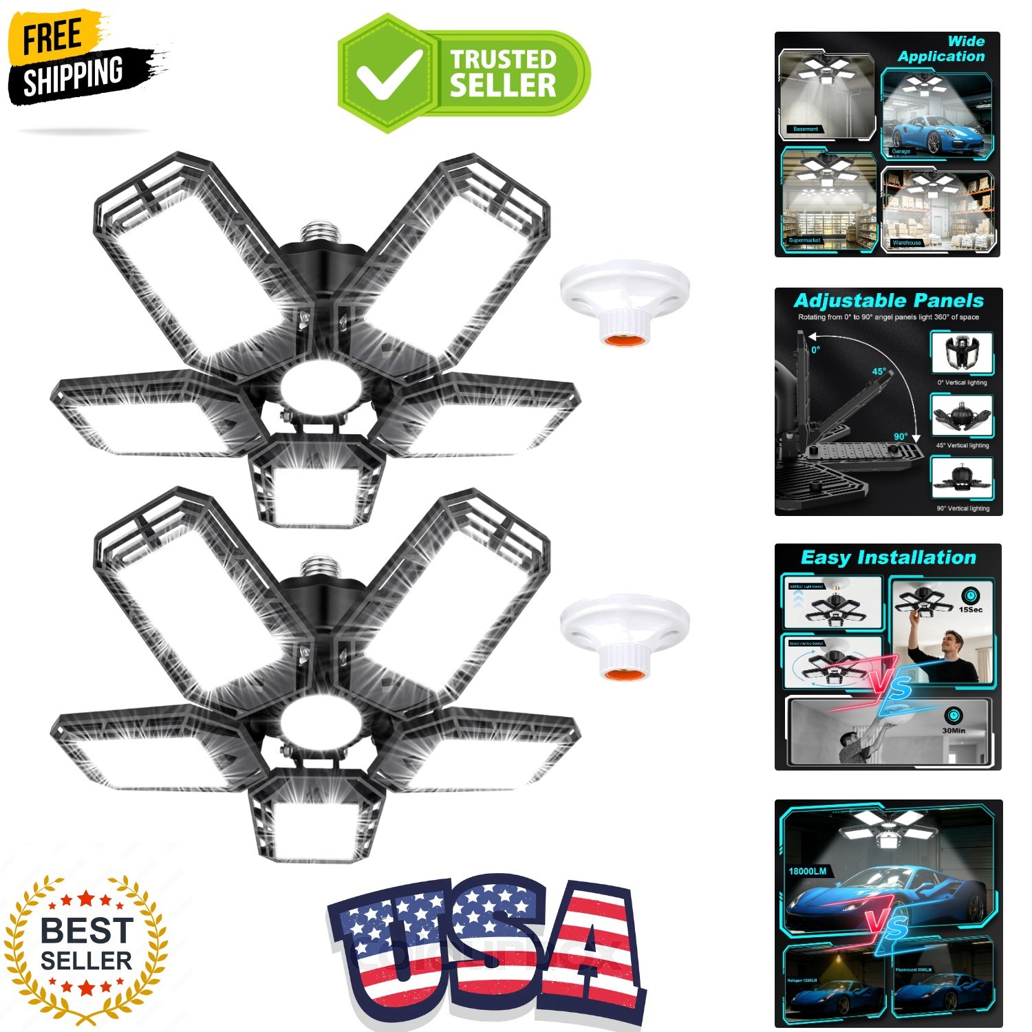 LED Garage Lights 2 Pack, Ceiling LED Shop Light 180W 18000LM 6500K Screw in ... gallery
