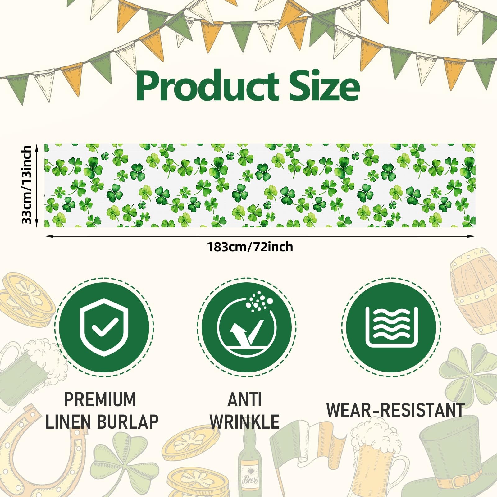 72 x 13 Inch St. Patrick's Day Table Runner Decorations 72 x 13 inches, Green gallery
