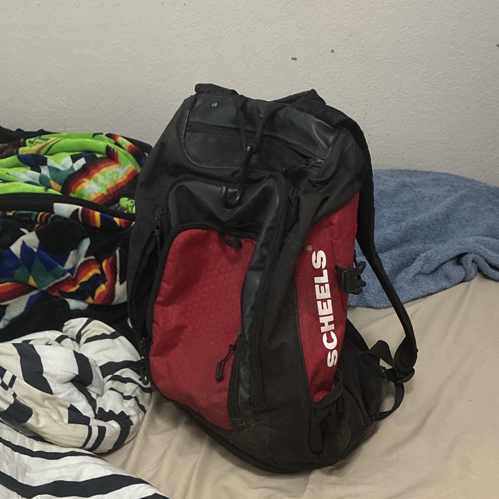 SCHEELS Baseball Backpack Black Red Adjustable Straps Multiple Compartments 2
