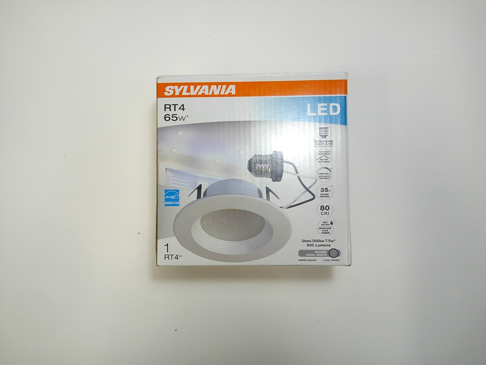 Sylvania RT4 65W LED Recessed Downlight 4000K 4" 7.5W 600lm Dimmable 80CRI White gallery