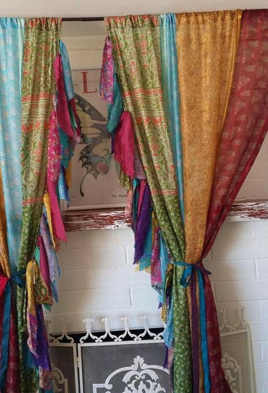 2 Pcs Indian Sari Patchwork Curtain Drape Window Decor Multi Silk Sari Curtain gallery