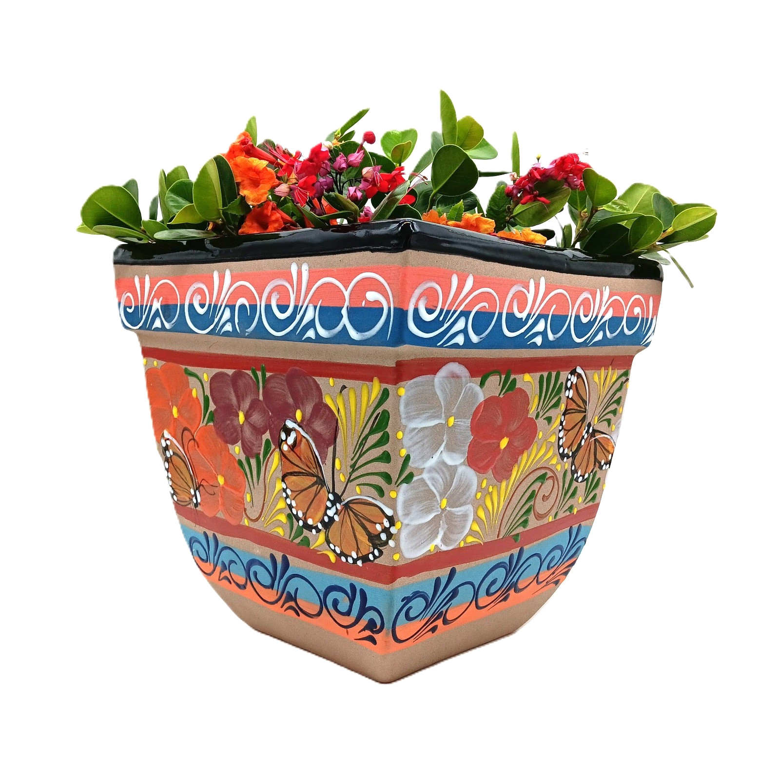 Mexican Engobe Clay Pottery Planter Flower Pot Butterfly Ceramic Talavera X Lg gallery