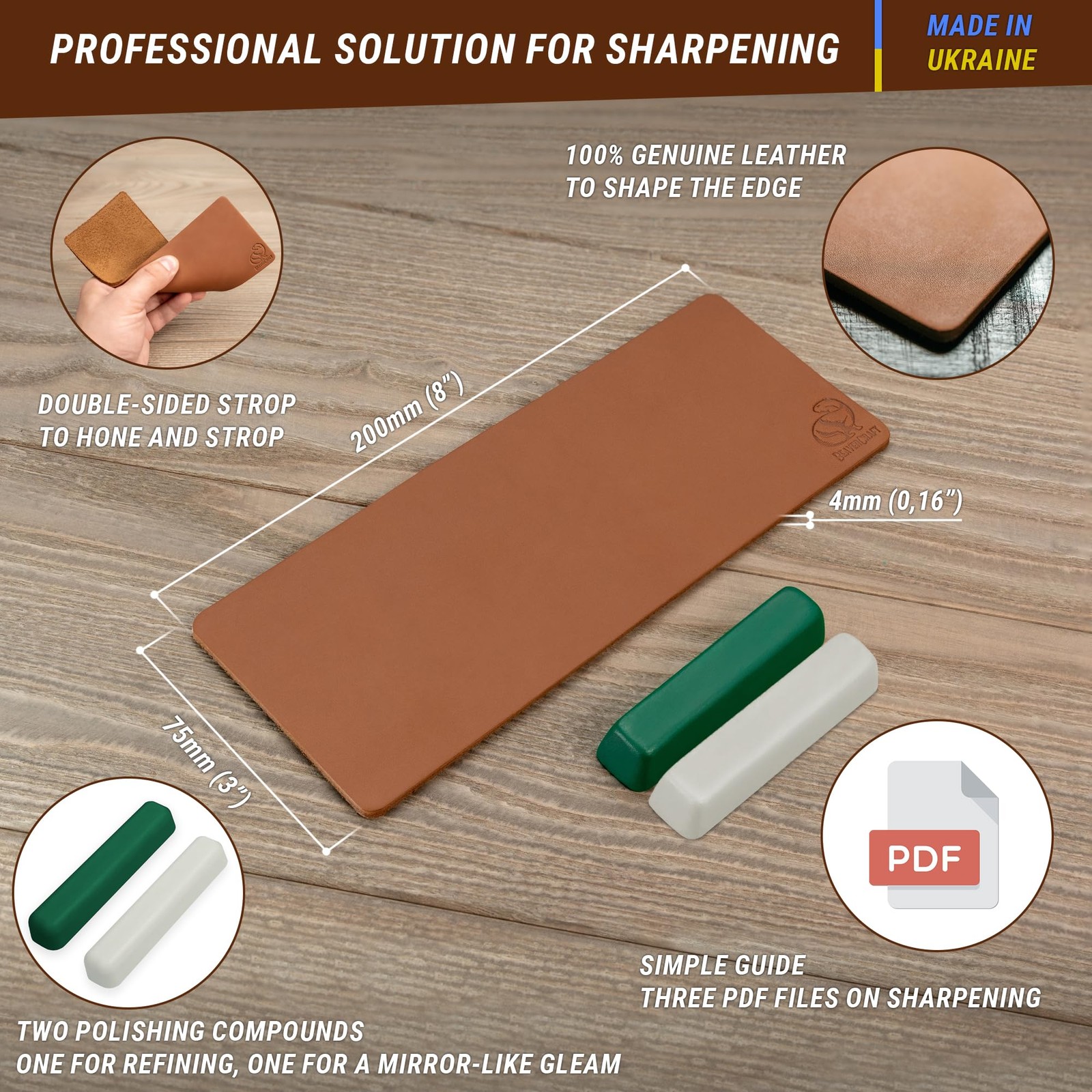 BeaverCraft Leather Strop Kit for Knife Sharpening Knife Strop Block 8" x 3"... gallery