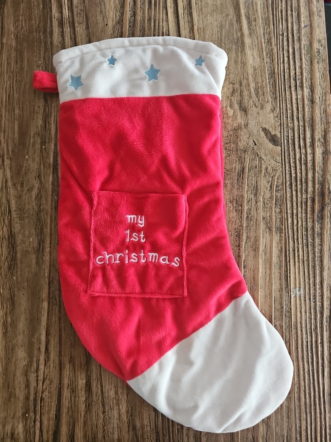 1st Christmas Stocking 47cm POCKET Blue Stars Red White Plush gallery