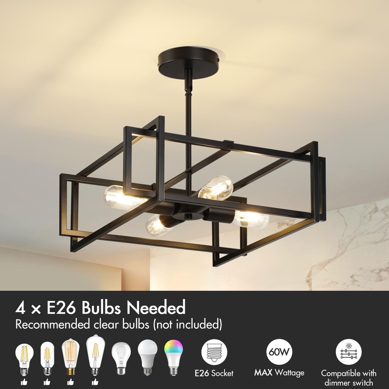 Modern Black Semi Flush Mount Ceiling Light Fixture 16.5", 4-Light Industrial... gallery