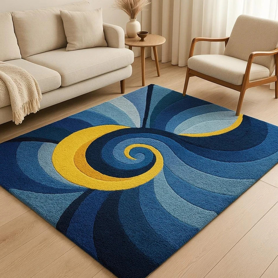 Modern Abstract Hand-Tufted Rug – Blue & Yellow Spiral | Premium Wool Carpet Rug gallery