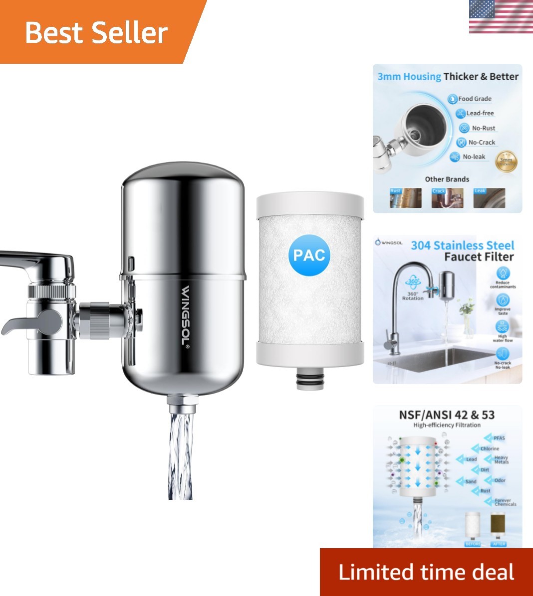 Stainless Steel Water Filter for Sink Faucet, NSF/ANSI 42&53, 360° Rotating T... gallery