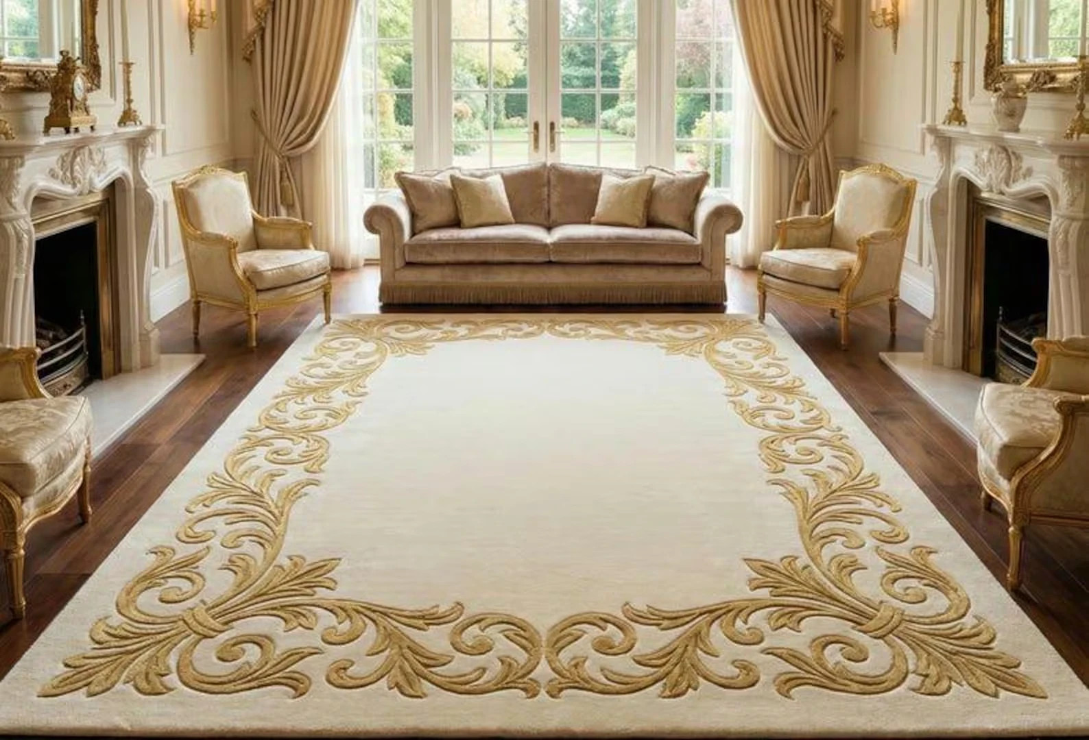 Hand Tufted Wool Area Rug Ivory Gold Floral Rug, Large Luxury Living Room Carpet gallery