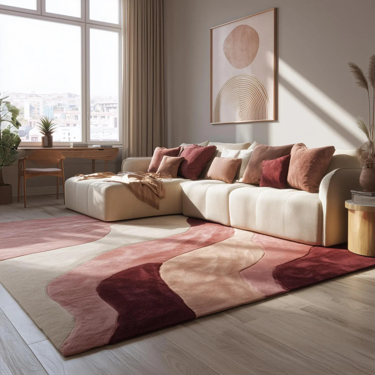 Abstract Wavy Area Rug: Burgundy, Blush, and Cream Statement Decor 9x12 Rug 8x12 gallery