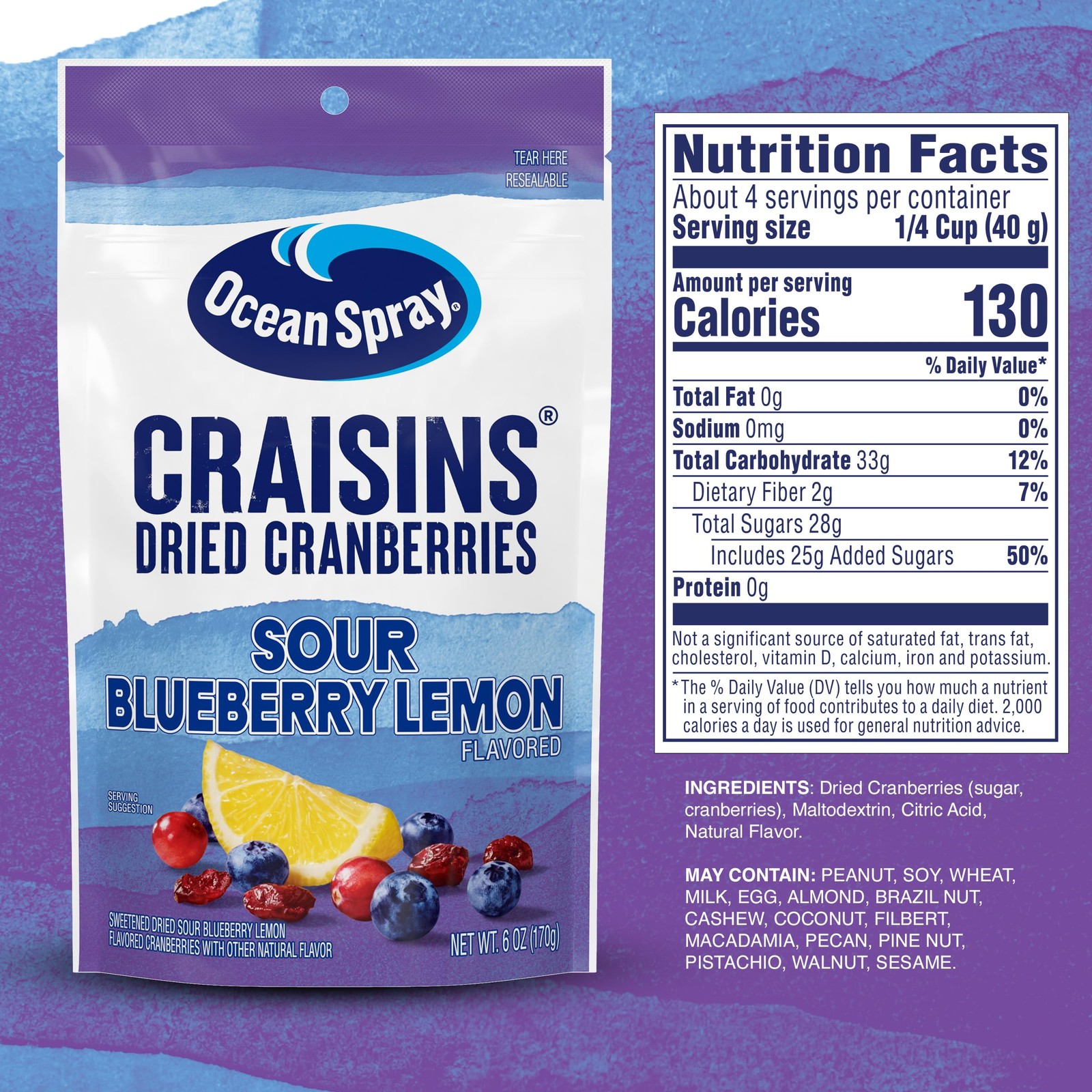 Ocean Spray® Craisins® Sweetened Dried Cranberries, Sour Blueberry Lemon, 6oz gallery