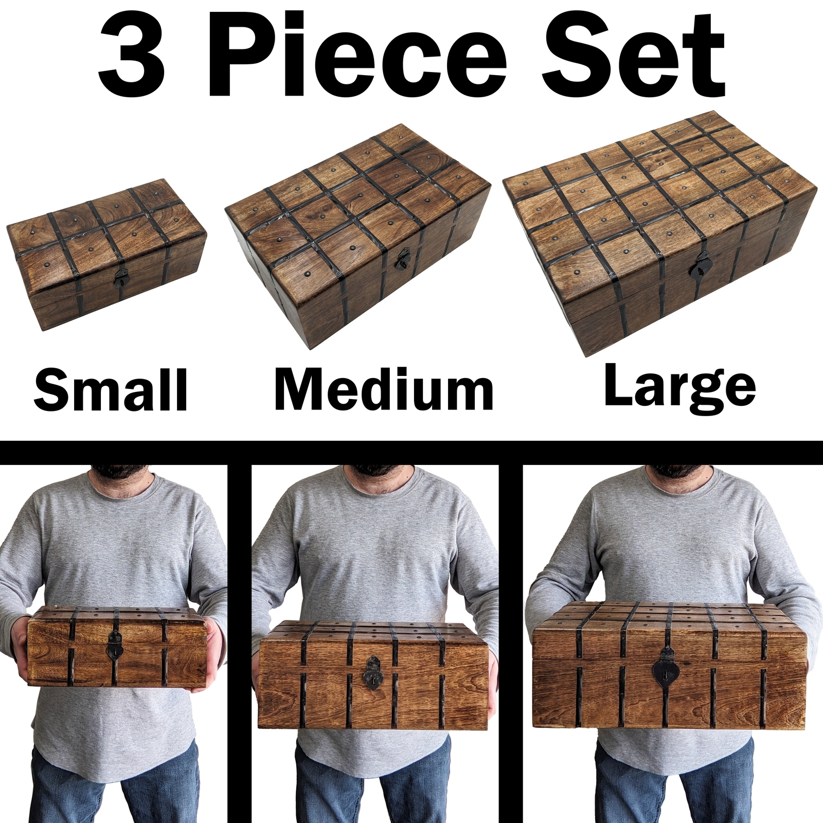 3 Set (S,M & L) Nesting Wooden Pirate Treasure Chests, Hinges & Clasps for locks gallery