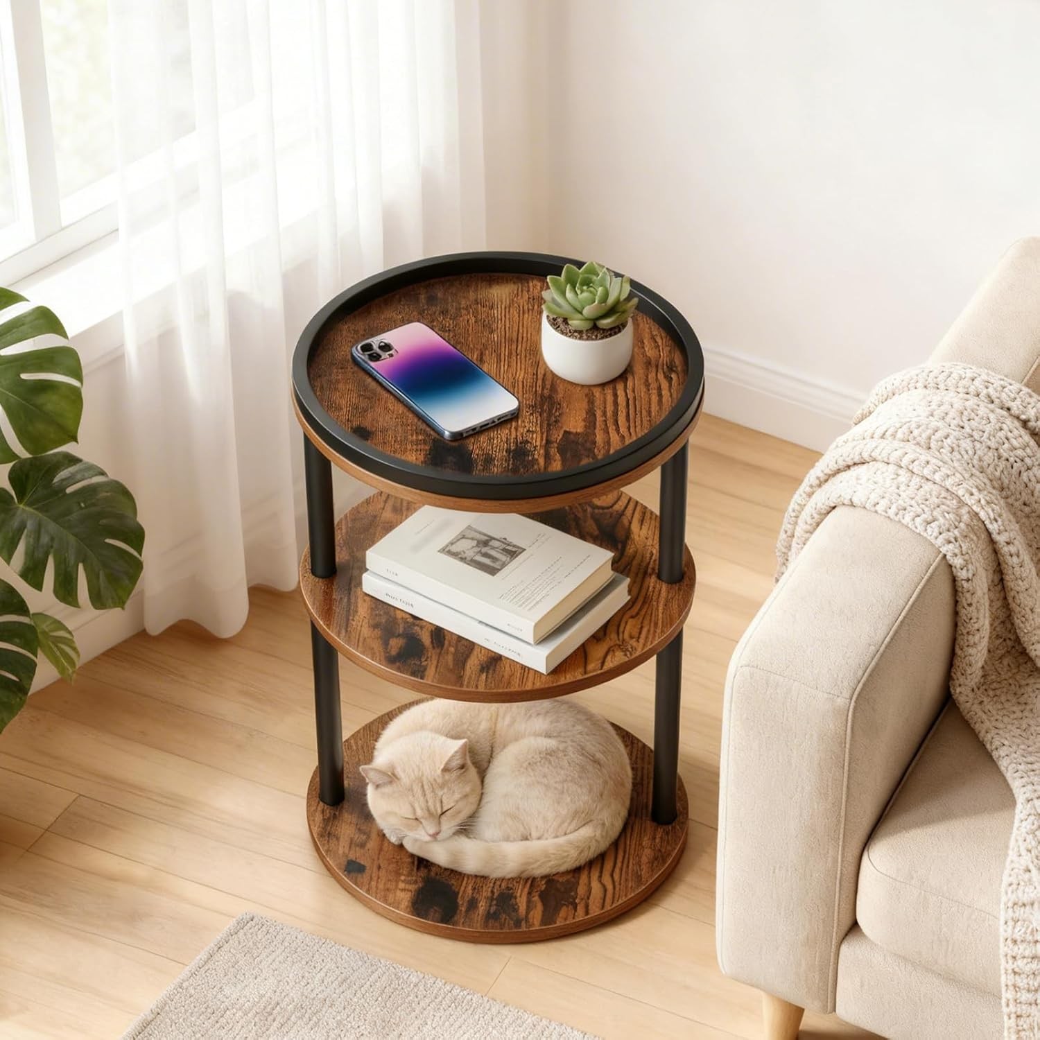 Small Round Side Table W/ Tray 3-Tier End Table W/ Storage Shelf Accent Table gallery