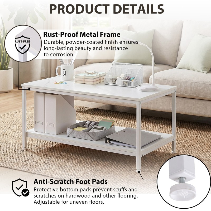 31'' Rectangle White Coffee Table with Storage Shelf Metal Feet for Living Room gallery