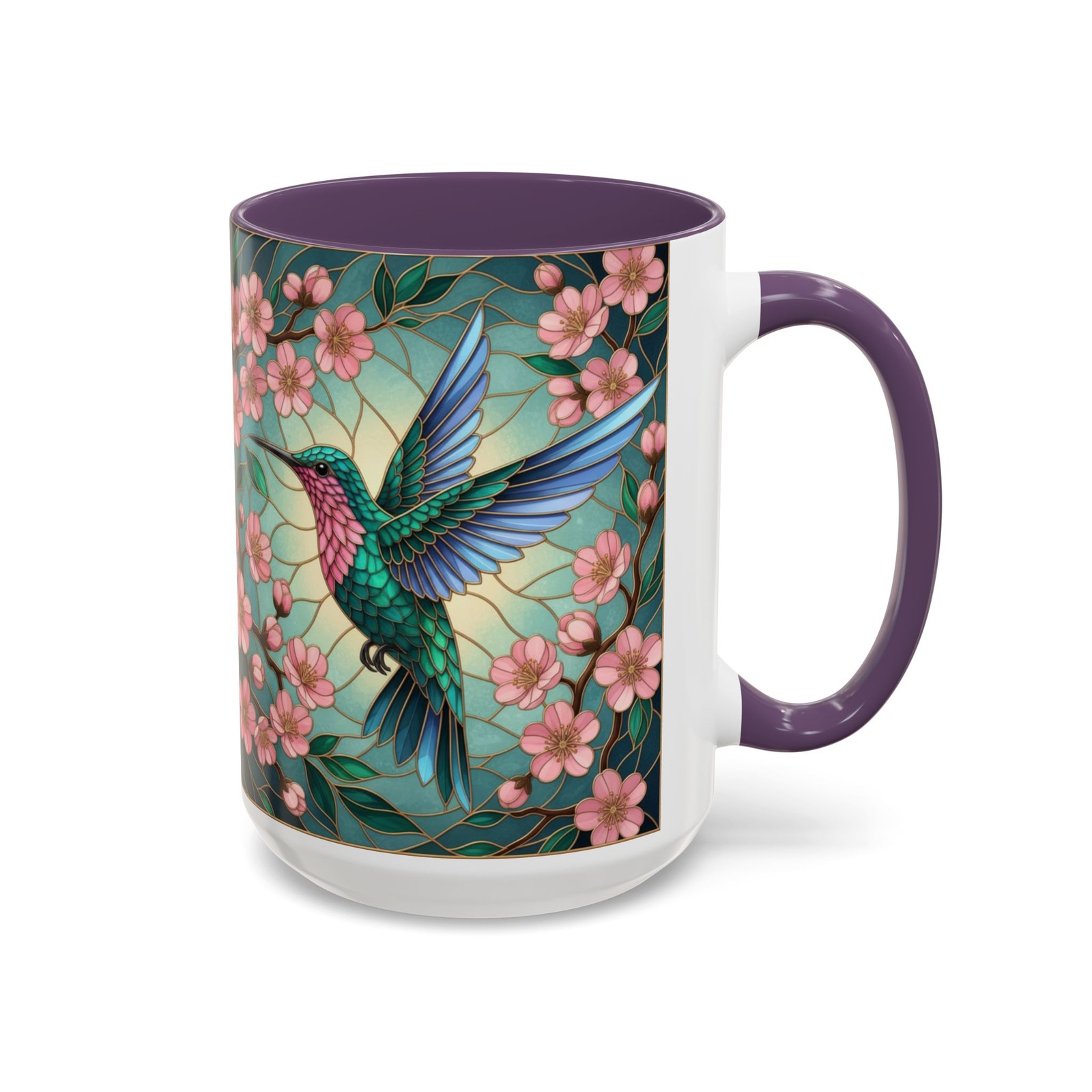 Hummingbird Stained Glass Floral Accent Coffee Mug | Cherry Blossom Nature Lover gallery