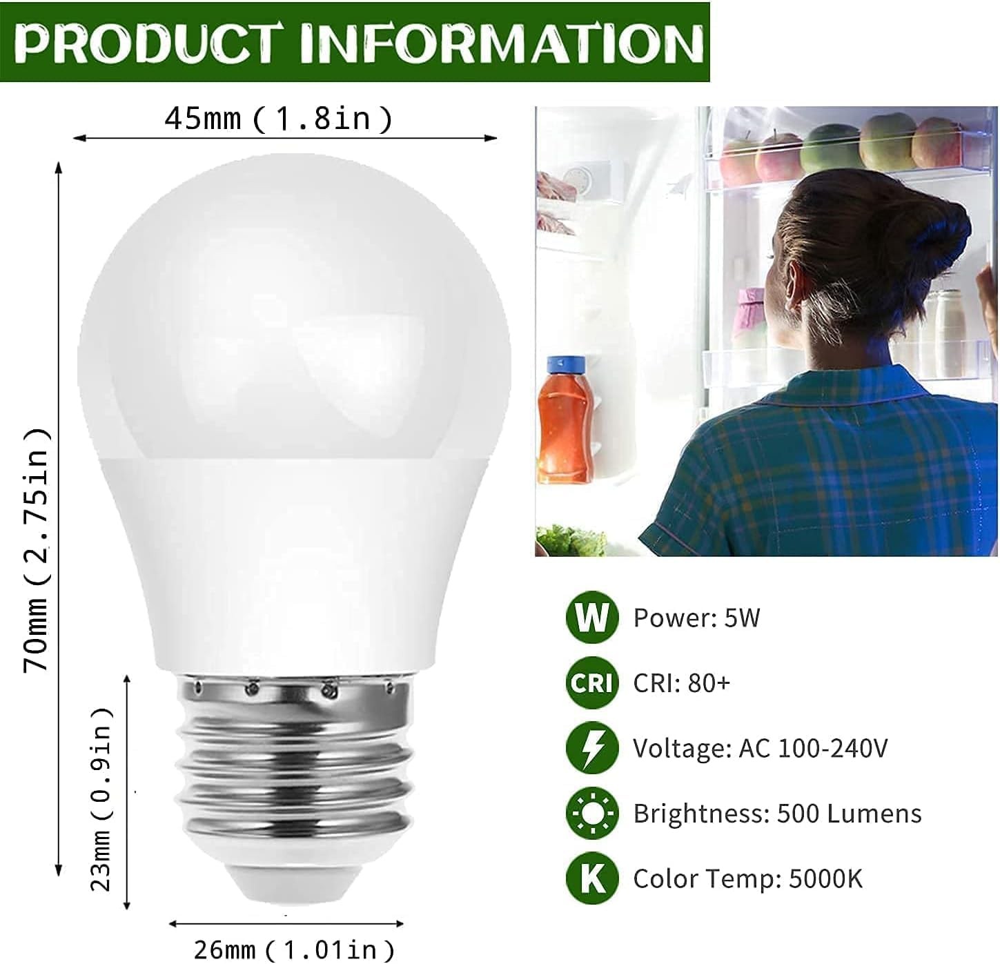 LED Refrigerator Light Bulb, 40W Equivalent A15 5W Daylight White gallery
