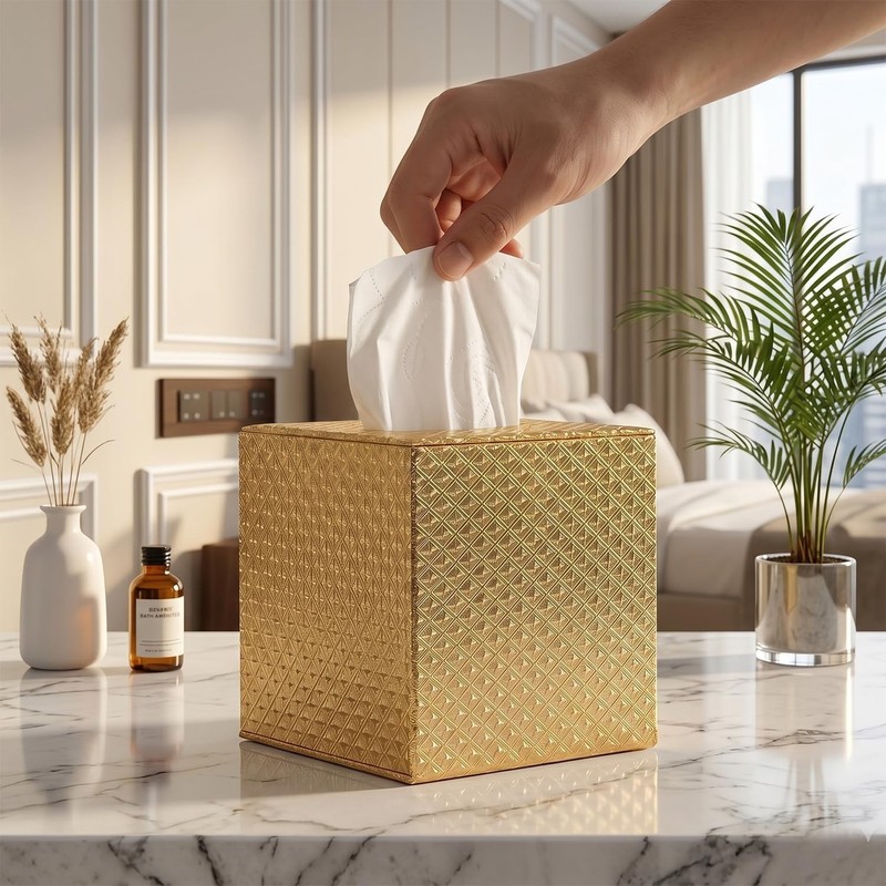 Luxury Gold Plated Rectangular Tissue Holder - 5" Square Design for All Rooms gallery