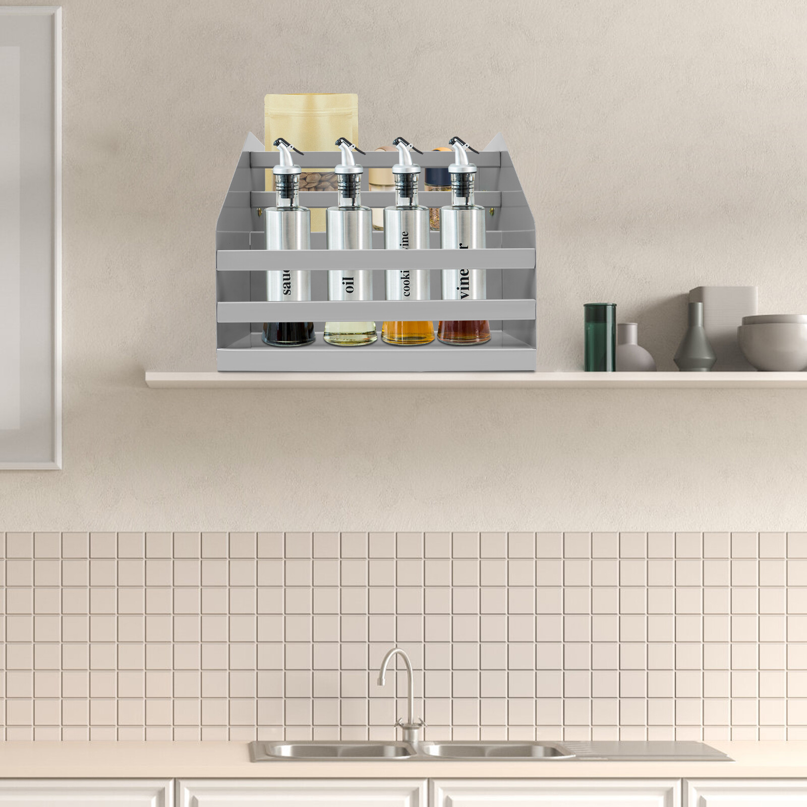 Pull Down Cabinet Organizer 2 Tier Pull-Out Cabinet Wall Shelf Spice Dishes Rack gallery
